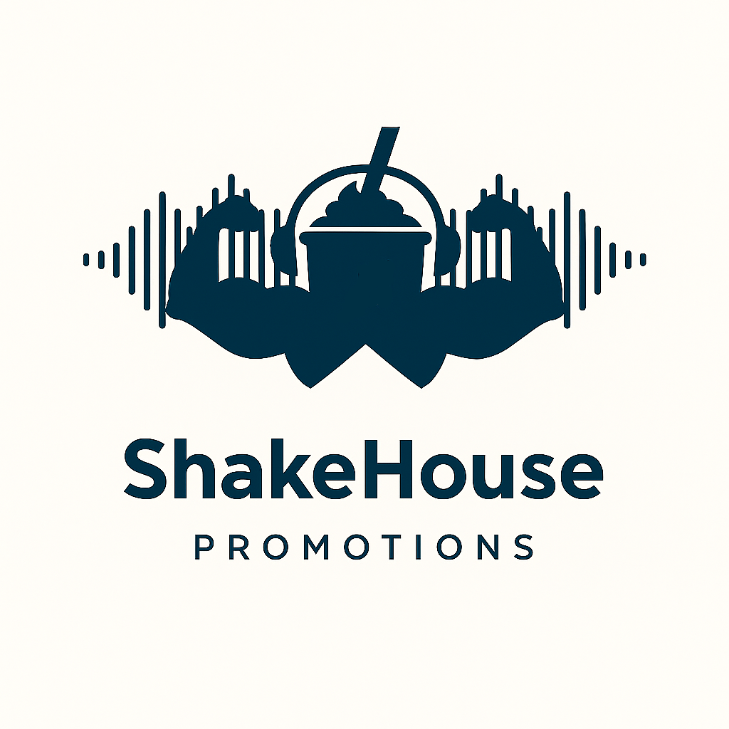 ShakeHouse Promotions logo: muscular milkshake with headphones and sound waves